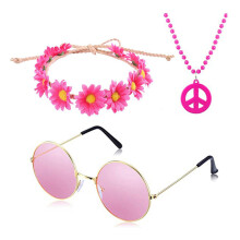 (Style 6) Costume da Halloween/Carnevale Hippie con occhiali da sole, cerchietto con coroncina di fiori e collana con la scritta "Pace"