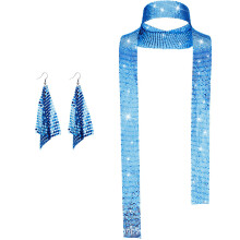 (Blue 2) Set di gioielli da donna anni '70 con paillettes, orecchini, sciarpa, occhiali da sole, bracciale e fascia per capelli.