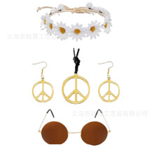 (S) Costume da Halloween/Carnevale Hippie con occhiali da sole, cerchietto con coroncina di fiori e collana con la scritta "Pace"