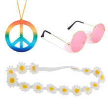 (Style 9) Costume da Halloween/Carnevale Hippie con occhiali da sole, cerchietto con coroncina di fiori e collana con la scritta "Pace"