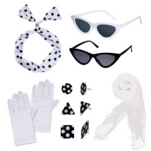 (Set 10) Vintage Ball Party Polka Dot Headband Black Cat Glasses Solid Silk Scarf Pearl Necklace Bracelet Earring Set