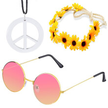 (Style 5) Costume da Halloween/Carnevale Hippie con occhiali da sole, cerchietto con coroncina di fiori e collana con la scritta "Pace"