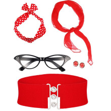 (Set 6) Vintage Ball Party Polka Dot Headband Black Cat Glasses Solid Silk Scarf Pearl Necklace Bracelet Earring Set