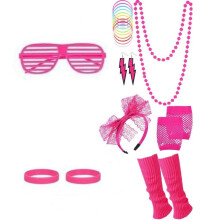 (Fuchsia, B) Ball Party Neon Lace Bow Headband Earrings Fishnet Gloves Lightning Set