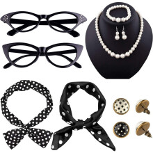 (Set 1) Set per ballo di carnevale anni '50 con fascia per capelli a pois, sciarpa di seta, occhiali e orecchini: completo per giochi di ruolo.