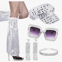 (Silver Leggings Set) Set retrò anni '70/'80 composto da cappello ottagonale e occhiali con paillettes e orecchini geometrici in lega di alluminio.