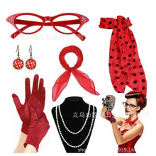 (Set 14) Set per ballo di carnevale anni '50 con fascia per capelli a pois, sciarpa di seta, occhiali e orecchini: completo per giochi di ruolo.