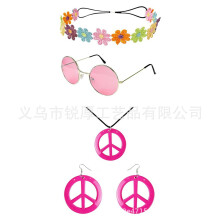 (Style 19) Halloween Carnival Hippie Sunglasses, Flower Crown Headband & Peace Necklace Costume Set