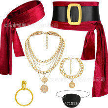 (Set 16) Set costume da pirata per Halloween: maschera con pendente, foulard, orecchini, bracciale di Capitan Jack e accessori a forma di teschio.