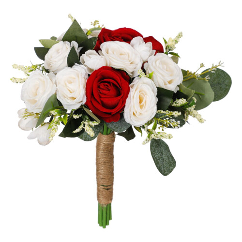Buquê de noiva artificial – Flores de seda vermelhas e brancas
