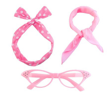 (Set 7) Vintage Ball Party Polka Dot Headband Black Cat Glasses Solid Silk Scarf Pearl Necklace Bracelet Earring Set