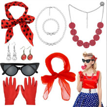 (Set 12) Set per ballo di carnevale anni '50 con fascia per capelli a pois, sciarpa di seta, occhiali e orecchini: completo per giochi di ruolo.