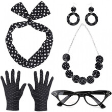 (Set 3) Vintage Ball Party Polka Dot Headband Black Cat Glasses Solid Silk Scarf Pearl Necklace Bracelet Earring Set