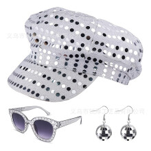 (Set 7) 70s 80s Retro Sequined Octagonal Hat & Glasses Set with Aluminum Alloy Geometric Earrings