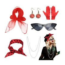 (Set 5) 1950s Carnival Polka Dot Headband Silk Scarf Glasses Earrings Role-Play Costume Ball Set