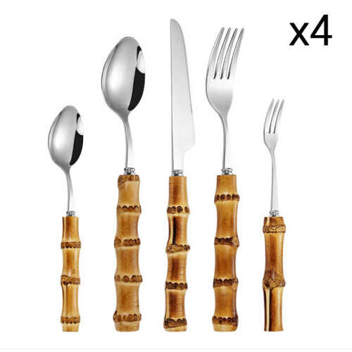 Natural Bamboo Handle Western Tableware Set: Steak Knife, Fork & Spoon, Creative Cake & Dessert Forks