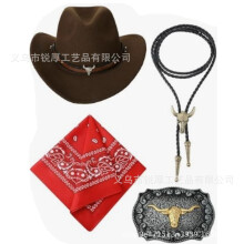 (Brown Cowboy Hat Set) Set di 4 pezzi composto da occhiali da sole hippie, orecchini e collana piatta.