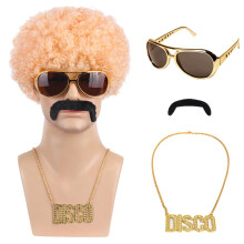 (Rice dumpling four-piece set) Hippie Retro Halloween Carnival Party Wig, Glasses, Necklace & Mustache Set