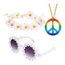 (Style 12) Halloween Carnival Hippie Sunglasses, Flower Crown Headband & Peace Necklace Costume Set
