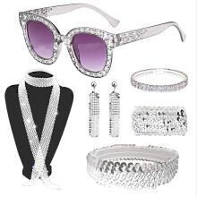 (Set 11) 1970s Disco Jewelry Set: Metal Sequined Earrings, Necklace & Bracelet for Women