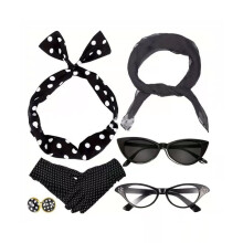 (Set 11) Vintage Ball Party Polka Dot Headband Black Cat Glasses Solid Silk Scarf Pearl Necklace Bracelet Earring Set