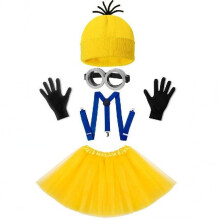 (Yellow) Halloween Minion strikkelue, hansker, beskyttelsesbriller, tyllskjørt og stroppsett til voksenkostyme
