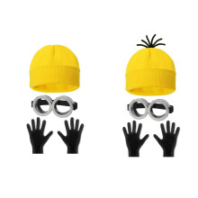 (Six-piece set) Halloween Minion Knit Hat, Gloves, Goggles, Tulle Skirt & Strap Set for Adult Costume