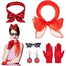 (Set 3) Set per ballo di carnevale anni '50 con fascia per capelli a pois, sciarpa di seta, occhiali e orecchini: completo per giochi di ruolo.