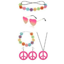 (Style 20) Costume da Halloween/Carnevale Hippie con occhiali da sole, cerchietto con coroncina di fiori e collana con la scritta "Pace"