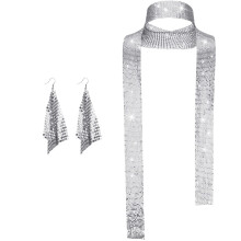 (Silver 2) Set di gioielli da donna anni '70 con paillettes, orecchini, sciarpa, occhiali da sole, bracciale e fascia per capelli.