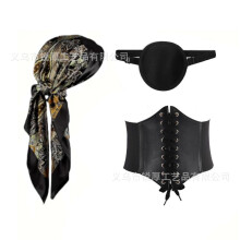 (Set 22) Set costume da pirata per Halloween: maschera con pendente, foulard, orecchini, bracciale di Capitan Jack e accessori a forma di teschio.