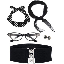 (Set 5) Vintage Balfest Prickigt Pannband Svart Katt Glasögon Enfärgat Sidenhalsduk Pärlhalsband Armband Örhängen Set
