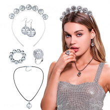 (Disco Ball Set) Set di gioielli da discoteca anni '70: orecchini, collana e bracciale in metallo con paillettes per donna.