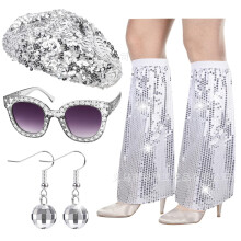 (Silver4Piece Set) Set retrò anni '70/'80 composto da cappello ottagonale e occhiali con paillettes e orecchini geometrici in lega di alluminio.