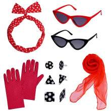(Set 9) Vintage Ball Party Polka Dot Headband Black Cat Glasses Solid Silk Scarf Pearl Necklace Bracelet Earring Set