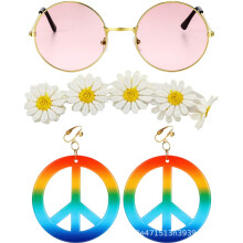 (Style 4) Costume da Halloween/Carnevale Hippie con occhiali da sole, cerchietto con coroncina di fiori e collana con la scritta "Pace"