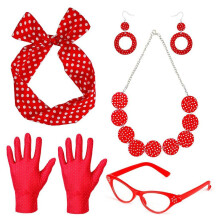 (Set 4) Set per ballo di carnevale anni '50 con fascia per capelli a pois, sciarpa di seta, occhiali e orecchini: completo per giochi di ruolo.