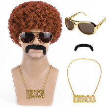 (Light brown four-piece set) Set hippie retrò per Halloween e Carnevale: parrucca, occhiali, collana e baffi.