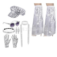 (Set 26) Set di gioielli da discoteca anni '70: orecchini, collana e bracciale in metallo con paillettes per donna.