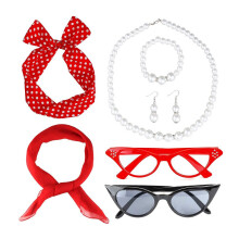 (Set 8) 1950s Carnival Polka Dot Headband Silk Scarf Glasses Earrings Role-Play Costume Ball Set