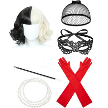 (Six-piece set 1) Set maschera di Halloween e parrucca di Crudelia – Mascherata in bianco e nero