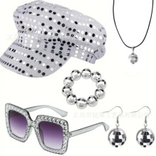 (Set 19) Set di gioielli da discoteca anni '70: orecchini, collana e bracciale in metallo con paillettes per donna.