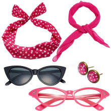 (Set 12) Vintage Ball Party Polka Dot Headband Black Cat Glasses Solid Silk Scarf Pearl Necklace Bracelet Earring Set