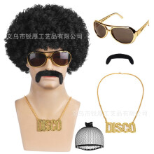 (Pure black five-piece set) Hippie Retro Halloween Carnival Party Wig, Glasses, Necklace & Mustache Set