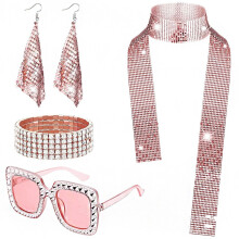 (Set 7) 1970s Disco Jewelry Set: Metal Sequined Earrings, Necklace & Bracelet for Women