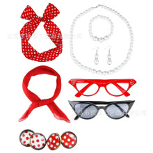 (Set 15) Set per ballo di carnevale anni '50 con fascia per capelli a pois, sciarpa di seta, occhiali e orecchini: completo per giochi di ruolo.