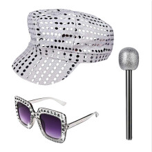 (Set 13) Set di gioielli da discoteca anni '70: orecchini, collana e bracciale in metallo con paillettes per donna.