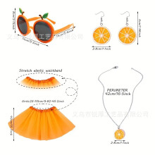 (Orange Set) Set di 4 pezzi composto da occhiali da sole hippie, orecchini e collana piatta.