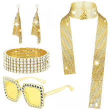(Set 6) Set di gioielli da discoteca anni '70: orecchini, collana e bracciale in metallo con paillettes per donna.