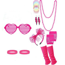 (Fuchsia, A) Set da ballo con fiocco in pizzo neon, orecchini, guanti a rete e fulmini